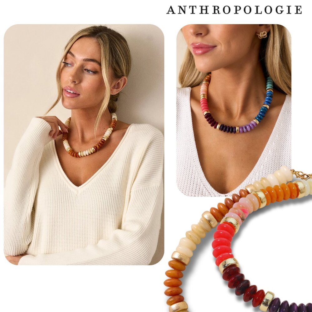 Rainbow Beaded Gold Multi-Color Neutral Boho Classic Statement Necklace NEW - Picture 2 of 10